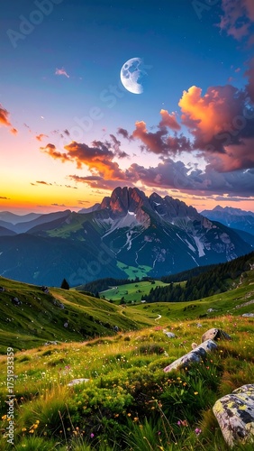 Vibrant sunset over a mountainous landscape, with a crescent moon in the sky