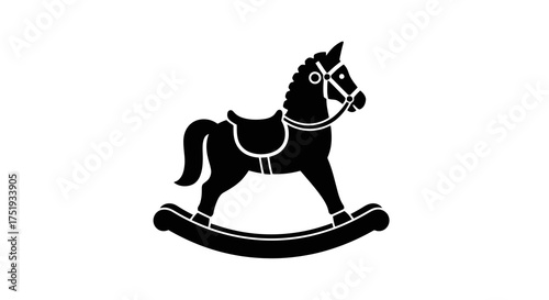 A charming black and white silhouette of a classic rocking horse, evoking nostalgia and childhood joy