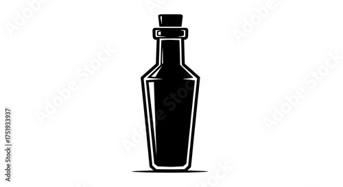 Classic black and white silhouette vector illustration of a vintage-style glass bottle with a cork stopper, perfect for beverage labels, rustic packaging, potion designs, or branding elements