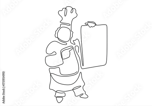 Continuous Line Drawing of a Chef Presenting a Menu Board. line icon-continuous line drawing. Editable stroke. 