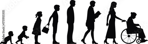 Silhouettes showing stages of human life from infancy to old age, black and white vector for education and design