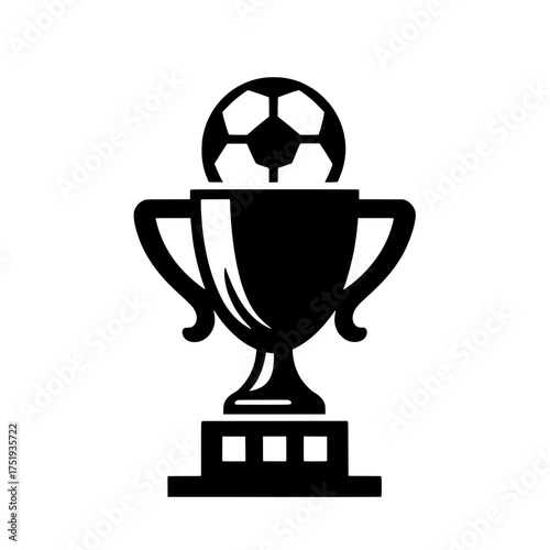 Solid black silhouette vector illustration featuring a championship cup or trophy with a soccer ball resting on top.