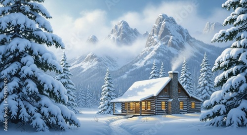 Cozy Winter Cabin Retreat: Snow-Covered Log Home in Mountain Landscape