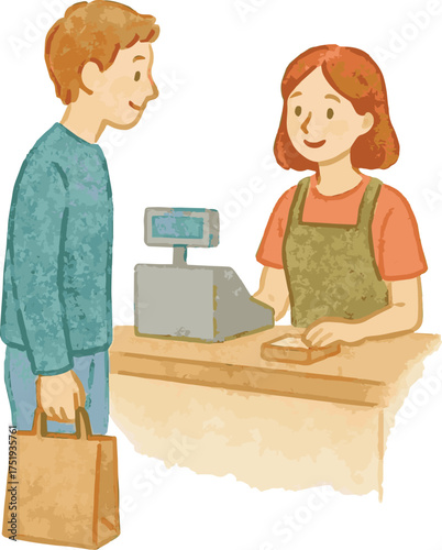 Vector adorable watercolor illustration of a cashier woman