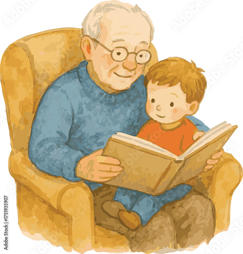 Watercolor vector illustration of a grandparent reading a to a child