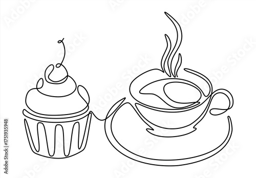 Single Line Art Coffee and Cupcake. 