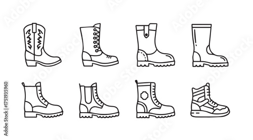 Collection of diverse boot styles outline set for fashion and footwear design projects vector