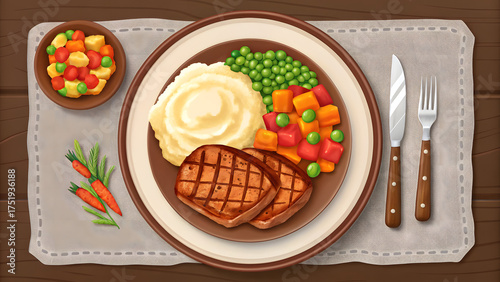 Illustration of grilled steak dinner with mashed potatoes and vegetables on table
