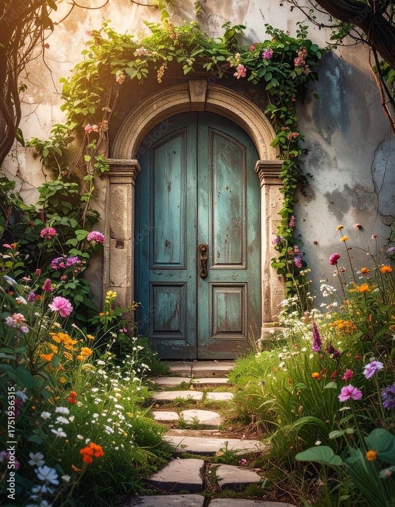 Fototapeta premium Enchanted Garden Doorway, A whimsical garden gate framed by vines and flowers beckons the viewer into a world of natural beauty