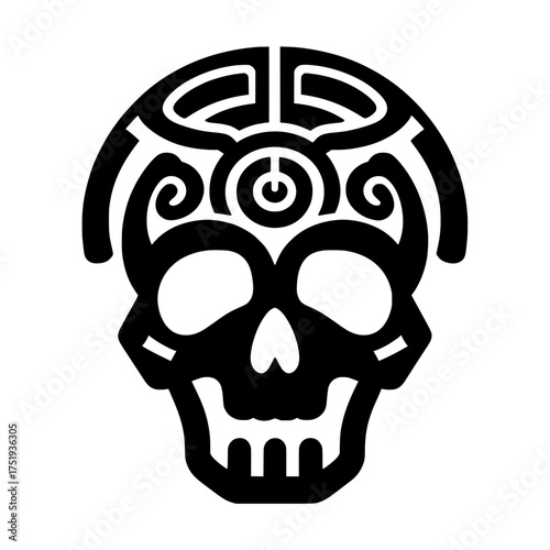 A bold and complex monochrome vector illustration of a human skull head where the upper part is adorned with a maze pattern or swirling tribal/Maori-style carving.