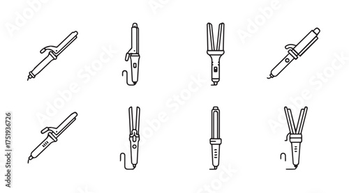 Collection of eight distinct hand-drawn hair curling irons in a simple sketch style set vector