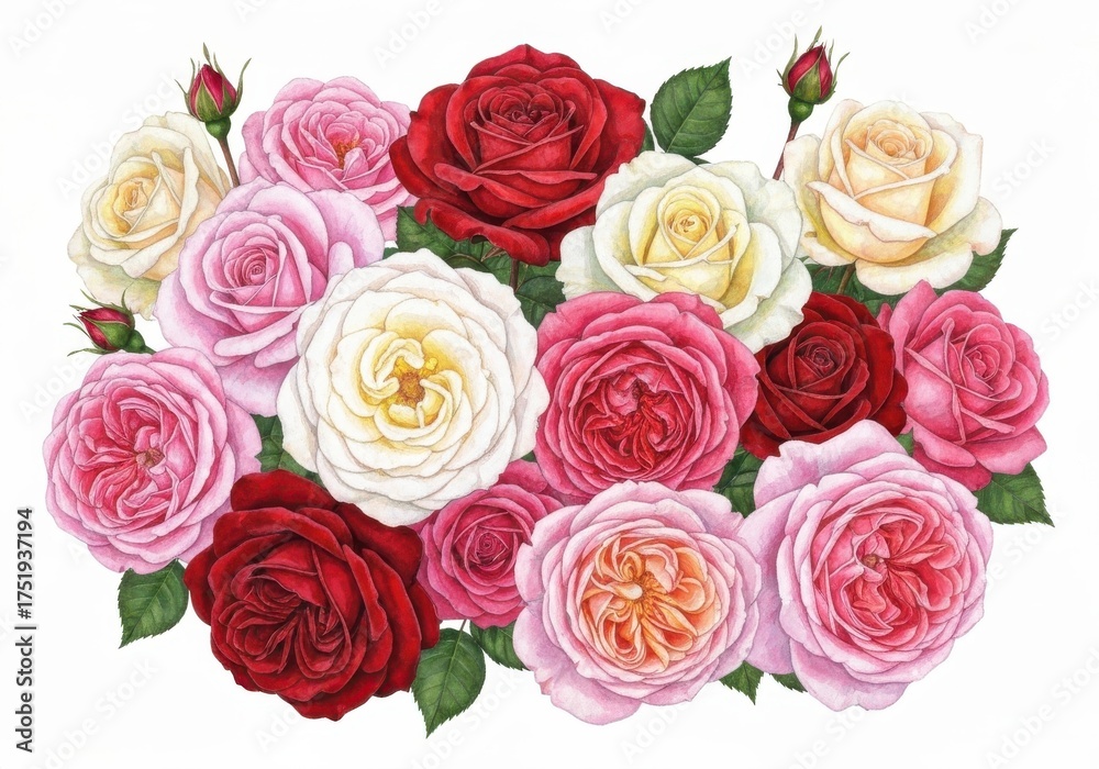 Fototapeta premium Beautiful Arrangement of Various Roses with Vibrant Colors and Delicate Petals