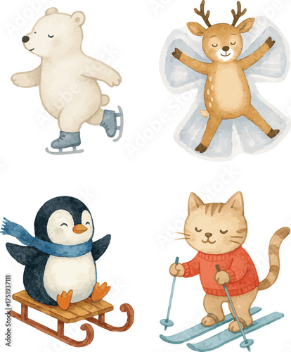 Collection of watercolor painted vector animals doing winter activities