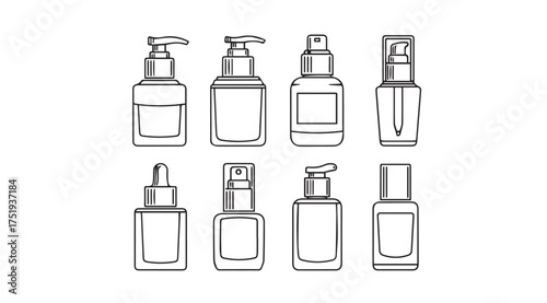 Set of hand drawn skincare bottles and dropper packaging cosmetics beauty products vector