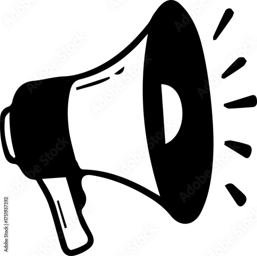 Hand drawn black and white illustration of a megaphone with sound waves emanating from it