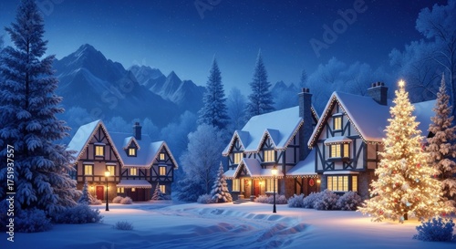 Enchanting Winter Village: Tudor Homes Aglow with Christmas Lights Under Starry Night