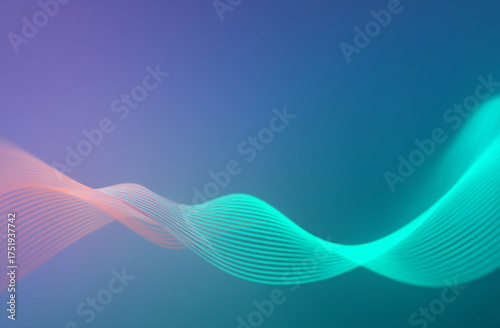 Gradient Background with Light Blue and Green Wavy Lines and Abstract Sound Wave Shape for Technology Concept