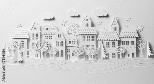 Paper-Cut Winter Village: Delicate White Houses, Trees, and Snowflakes in a Minimalist Design