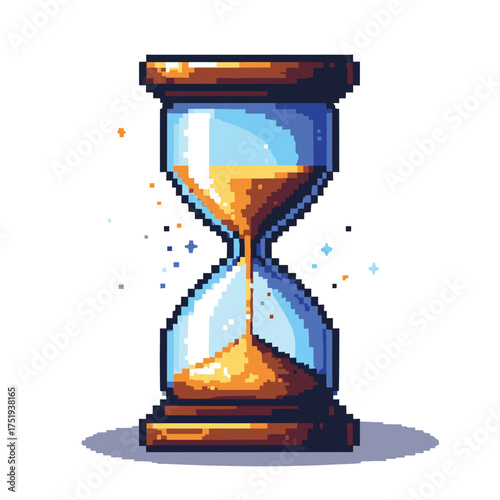 Pixel art hourglass with golden sand flowing through the center, symbolizing the passage of time.