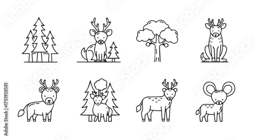 Charming sketchy forest creatures and trees simple hand-drawn style for festive designs vector