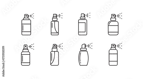 Collection of hand drawn spray bottle icons for various aerosol products and dispensing applications vector
