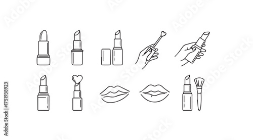 Set of hand-drawn sketch icons representing lipstick application and beauty products vector