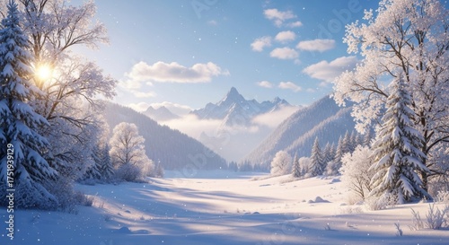 Serene Winter Valley: Snow-Covered Trees, Distant Peaks, and Soft Sunlight