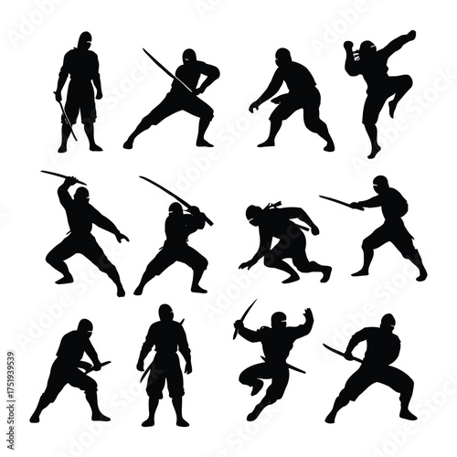 Dynamic collection of agile martial arts warrior silhouettes in action poses, illustrating stealth, combat, and ancient training discipline