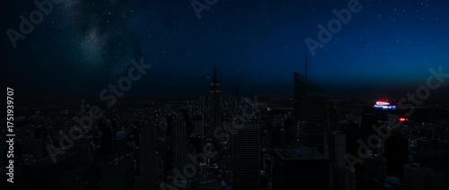 City skyline going dark as lights turn off for Earth Hour, revealing a starry sky. Symbolizes energy conservation and awareness.