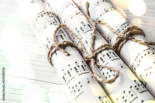 Rolled music sheets on whit...