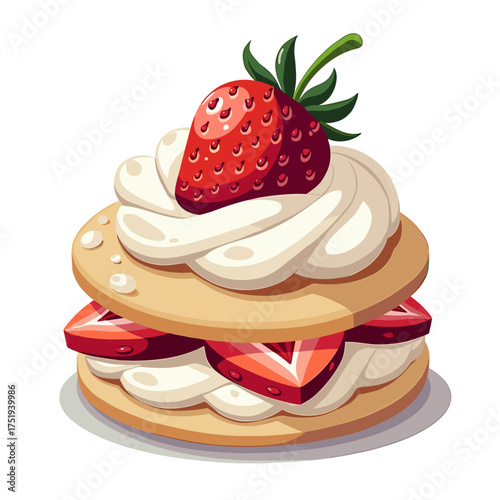 Isolated strawberry shortcake displayed with creamy frosting and sliced berries inside. This isolated strawberry shortcake has biscuits and whipped cream topping.