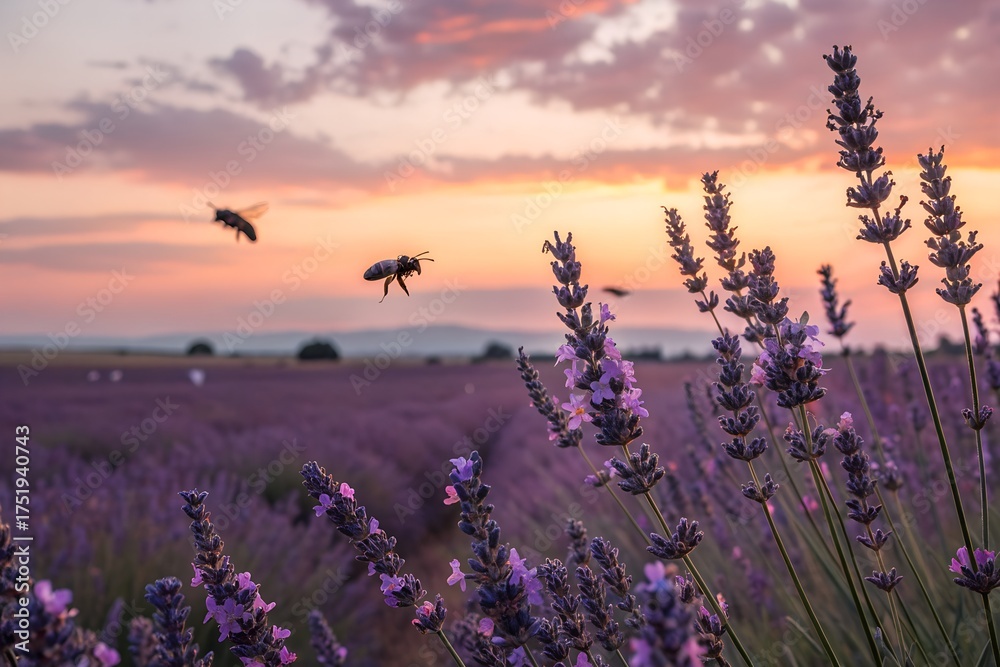 Fototapeta premium Lavender field at sunset with bees flying over the purple flowers