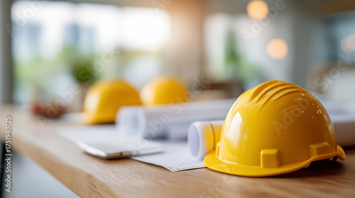 Desk with construction plans and safety helmets, smart infrastructure planning, engineering innovation in design review, construction technology organization, urban development pre