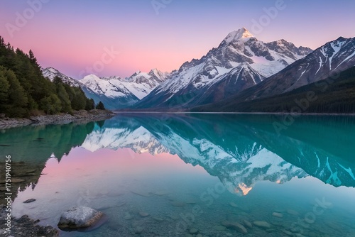 Mount cook reflection in lake pukaki at sunrise in new zealands alps