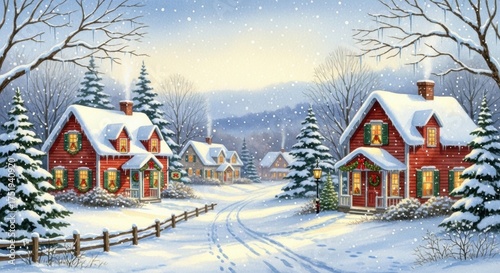 Snowy Village Christmas: Red Houses, Wreaths, and Footprints in the Snow