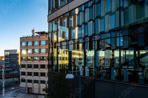 Stockholm, Sweden A sunrise view in autumn of the landmark STHLM 01 tower in the Hammarbybacken district.