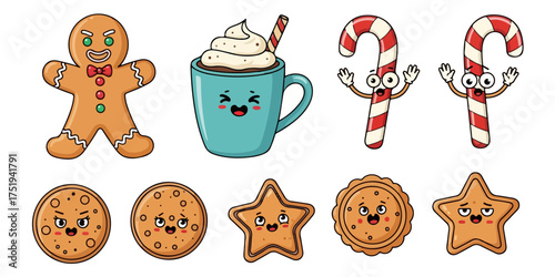Cute christmas gingerbread cookies and hot chocolate with candy canes and festive decorations