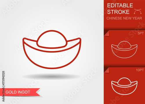 Line icon of traditional Chinese gold ingot yuanbao with editable stroke. Simple outline vector illustration symbolizing wealth and prosperity for Chinese New Year and festive design projects
