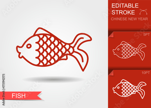 Line icon of traditional Chinese fish symbol with editable stroke. Simple outline vector illustration representing prosperity, abundance, and good fortune for Chinese New Year design projects