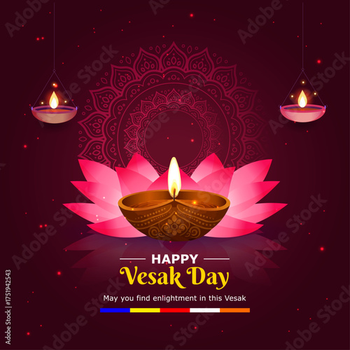 Vesak Day Flyer: Happy Greeting with Glowing Diya Lamp on Lotus, Spiritual Mandala, Full Moon Festival, Enlightenment