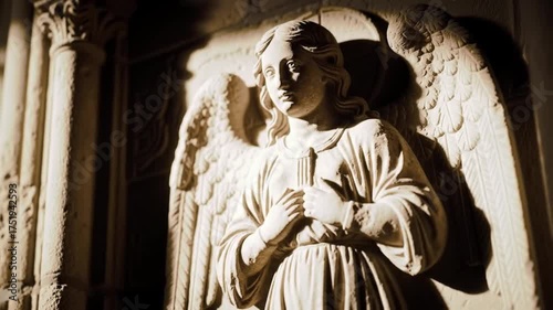 Stone angel statue in a church, with light and shadow.