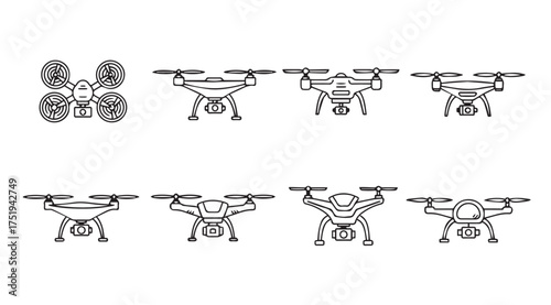 Collection of hand drawn drone icons featuring multiple angles and designs for aerial photography and surveillance vector