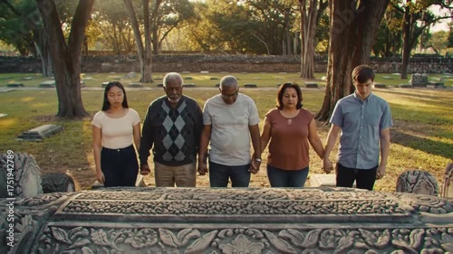 A diverse family of five holds hands in prayer at a gravesite in a cemetery.