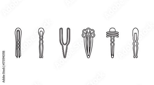 Slika na platnu Collection of six distinct hairpins and hair clips in a clean and simple line ar