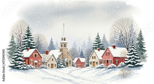 Watercolor Winter Village Scene with Church and Snow-Covered Houses