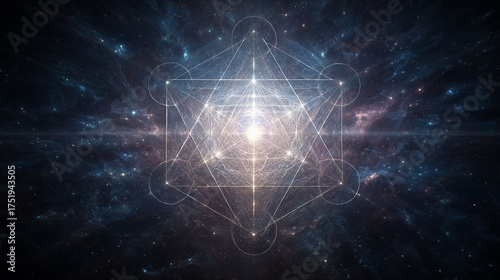 Celestial Metatron's Cube. Geometric light pattern radiating in cosmic space