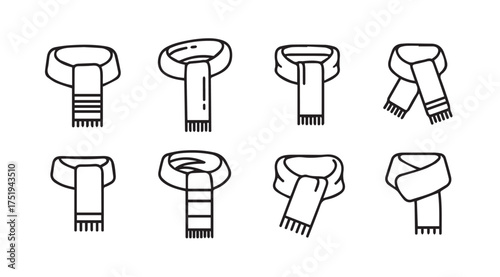 Collection of eight stylized winter scarves icon set for fashion and apparel design vector