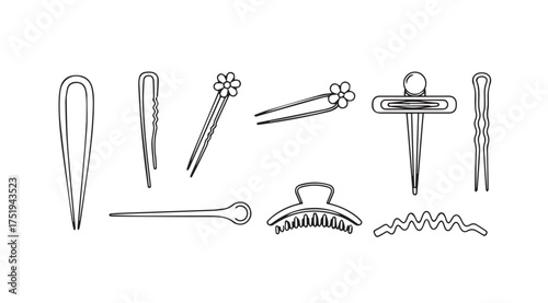 Collection of hand drawn hair styling accessories including clips pins and barrettes vector