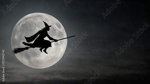Witch Silhouette. Silhouette of a witch flying on a broomstick against a full moon