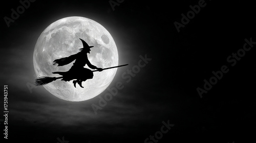 Witch Silhouette. Silhouette of a witch flying on a broomstick against a full moon
